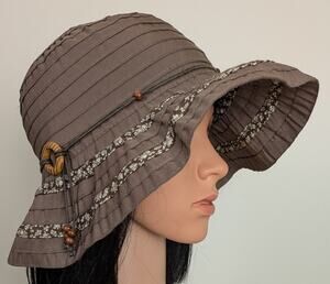 Jeanne Simmons Wide Brim Floppy Hat Brown Beaded Pleated Floral Boho Hippie